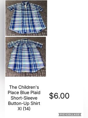 The Children's Place Blue and Light Green Plaid Short-Sleeve Button-Down Shirt
